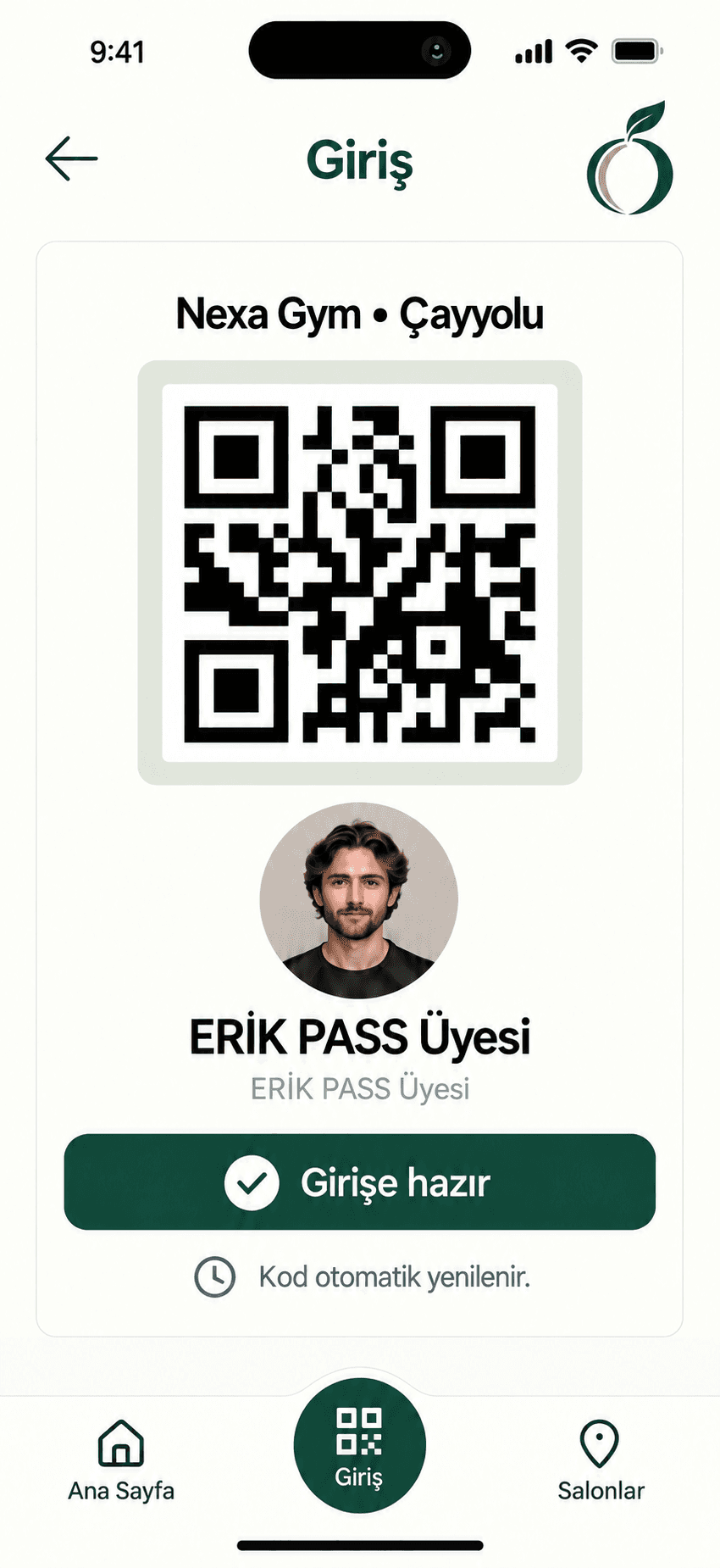 Kişisel adı anonimleştirilmiş ERİK PASS QR giriş ekranı