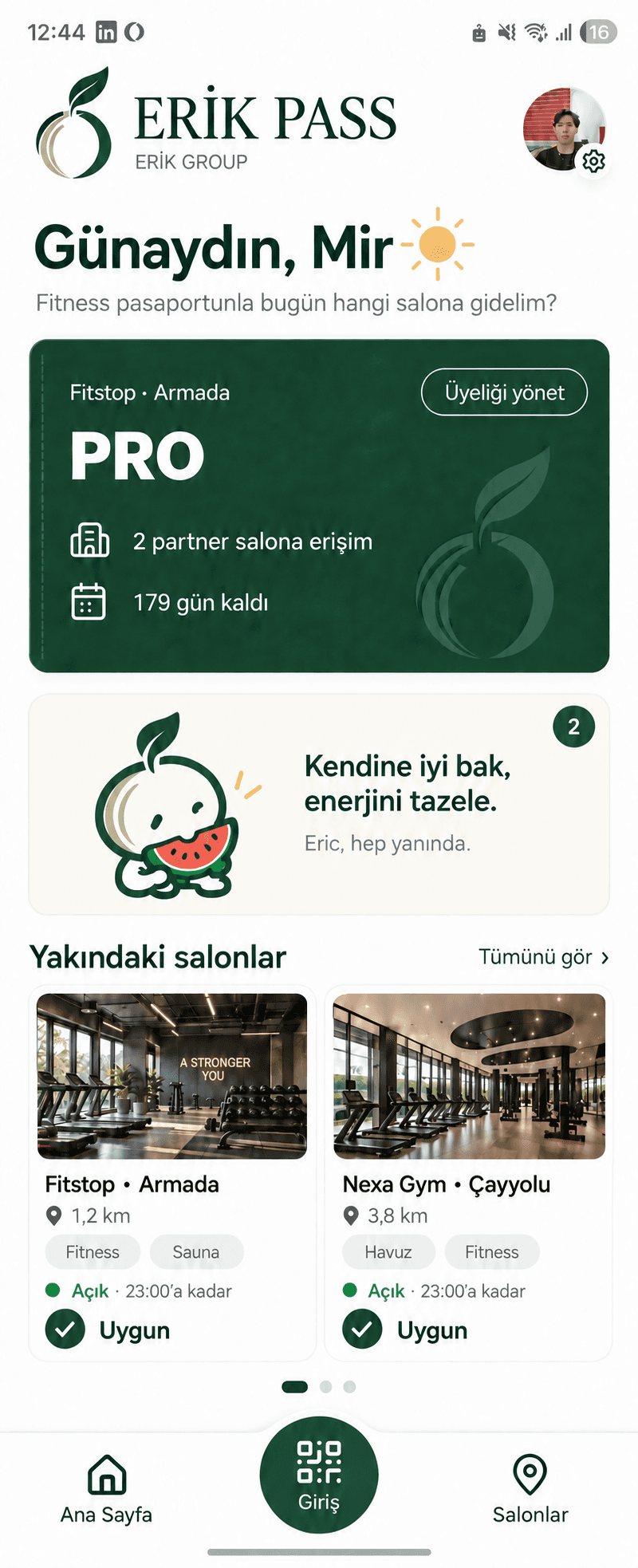 ERİK PASS üye ana ekranı