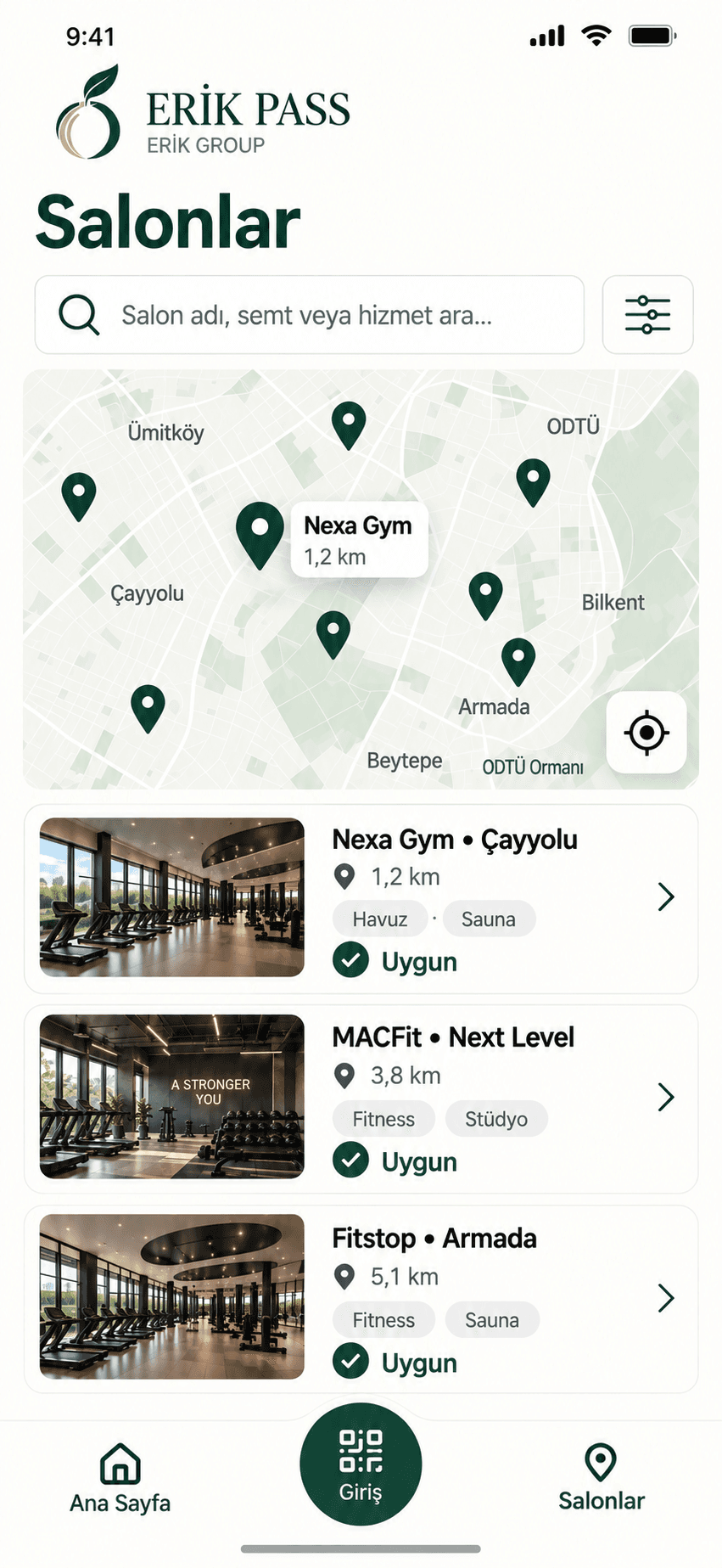 ERİK PASS partner salonlar ekranı